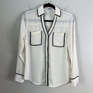 Express Portofino Shirt Womens XS White Black Roll Tab Sleeve Button Up Blouse
